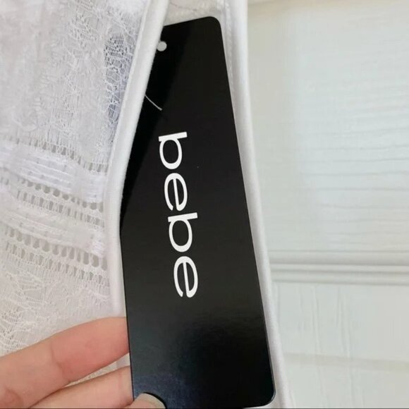 bebe White Ivory Cold-Shoulder Lace Detail Ruffle Blouse Top - Picture 7 of 8